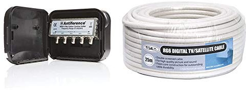 Antiference MS04LTE 4 Way F-Type Connections External TV Aerial Splitter, Black and Labgear Coax Cable 25m RG6 White, 27600FW25 Aerial & Satellite Cable Coaxial