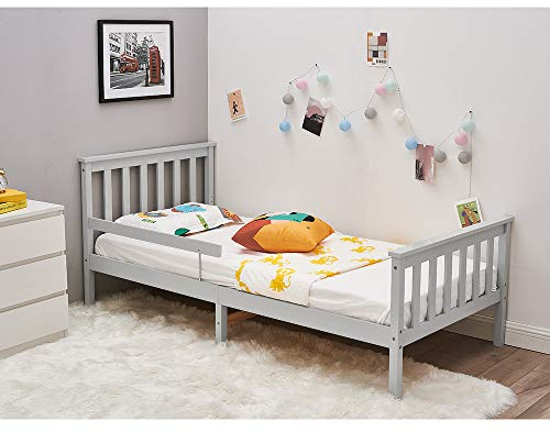 Single Bed Frame with Guardrail, Panana Simple and Elegant 3ft Soild, Wooden for Children (Grey)