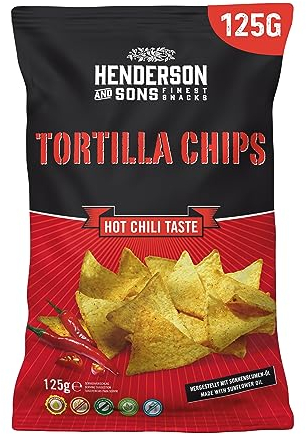 HENDERSON AND SONS Tortilla Chips Hot Chili - 1 x 125 Gramm Beutel - Mais Tortillas mit Chiligeschmack - Perfekter Snack für Sportabende wie American Football oder Fußball