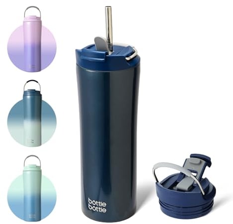 bottlebottle Bottle Bottle Insulated Travel Mug with Straw and Dual-use Lid Stainless Steel Coffee Cup 500ml(18oz) Thermal Iced Coffee Flask Tumbler with Handle(drak Blue)