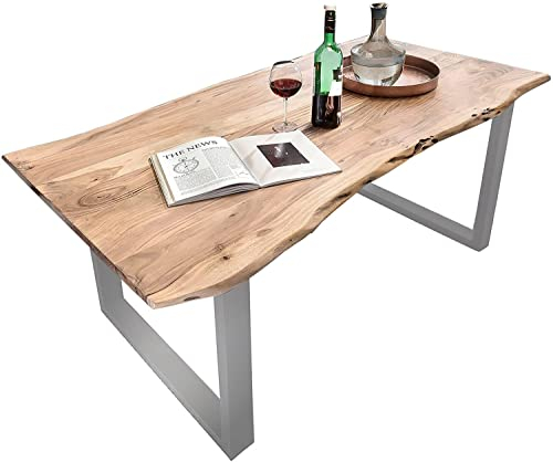 SAM Baumkantentisch 200x100 cm Quarto, Akazienholz massiv + naturfarben, Esstisch mit silbernem U-Gestell, Esszimmertisch/Holztisch Industrial-Design, Tischplatte 26 mm