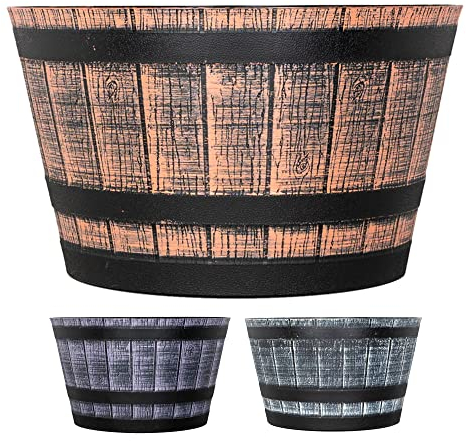 SG Traders Large Half Barrel Cask Planter, Flower Pots Outdoor Garden Planters, Indoor Plant Pot with Drainage Holes, Plastic, Tan with Black Straps, 40 x 24cm