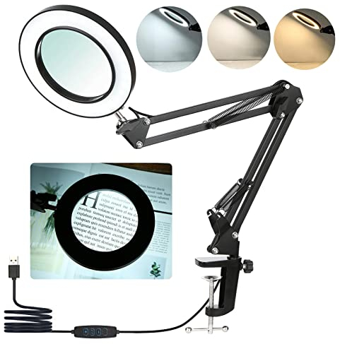 Neoglint Magnifying Lamp With Clamp, 8X Magnifier With 3 Colors & 10 Brightness Dimmable LED Light, 19 Inch Adjustable Swivel Arm Craft Light
