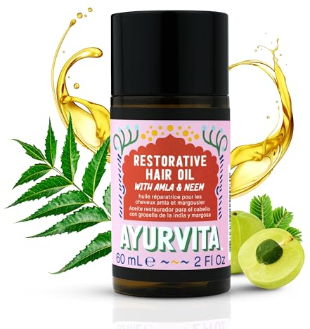 Ayurvita Hair Oil - Amla & Neem Restorative Hair Care – Indian Hair Oil For Dry Damaged Hair and Growth – For Men & Women - Amla For Hair Strengthening - Neem To Prevent Dryness & Dandruff - 2 fl oz