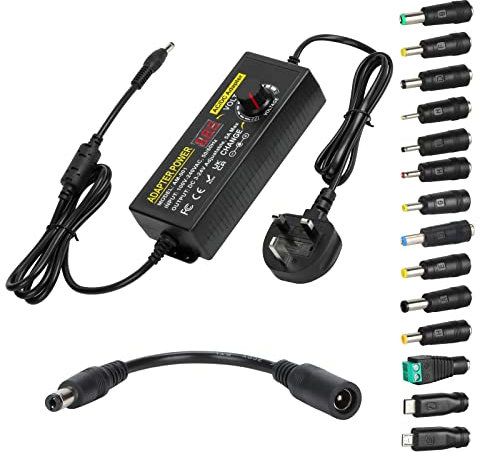 3V~24V 5A 120W Adjustable Power Supply Adapter,DC 3V 5V 6V 9V 12V 15V 18V 19V 20V 24V Universal AC/DC Adapter, 100V-240V AC to DC Converter with 5.5x2.5mm 14 Tips for LED Strip Light Laptop Speaker