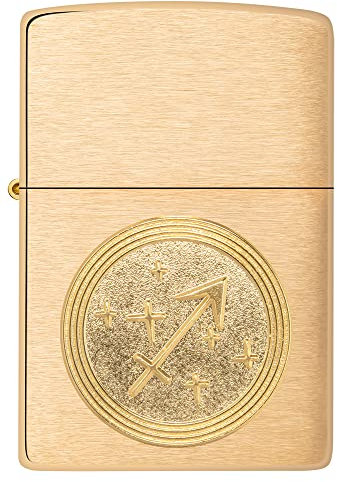 Zippo Sturmfeuerzeug - Sagittarius Emblem, Sternzeichen - Brushed Brass Finish - Nachfüllbar - Wiederverwendbar - Windfestes Design - Geschenkbox - Made in USA