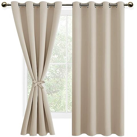 DWCN Vorhänge Blickdicht mit Raffhalter Verdunklungsvorhänge mit Ösen 2 Stücke Thermovorhang Hitzeschutz für Schlafzimmer, WonhzimmerBüro, Biscotti Beige, 160x132cm(HxB)