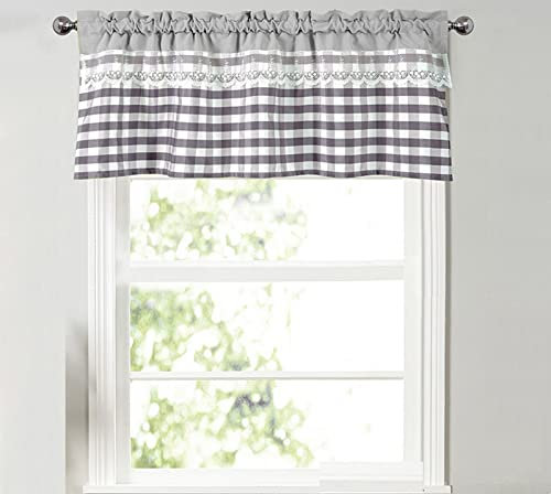 A.Monamour Gardine Scheibengardinen Kurzstores Landhaus Grau Kariert Plaid Gingham Muster mit weißer Spitze Blickdicht Kurzvorhang Küchenvorhang Küche Vorhang Fenster Kurz Stores Bistrogardine