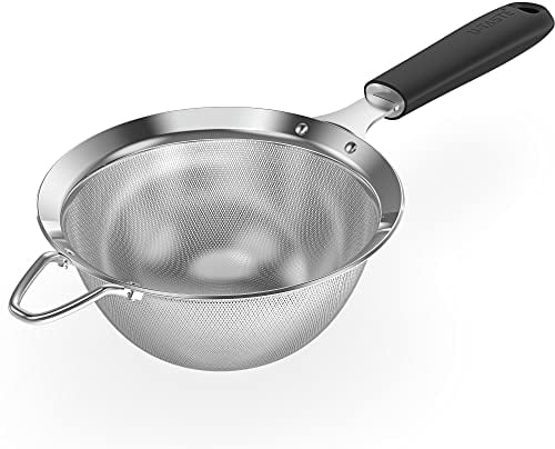 18/8 Stainless Steel Mesh Sieve: U-Taste Kitchen Metal Fine Mesh Sieve Strainer with Riveted Sturdy Silicone Handle and 30 Mesh Hole for Straining Flour, Tea, Coffee, Juice (Black, 14 cm)