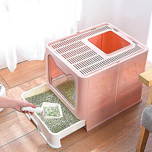 Bac à litière Pliable pour Chat,51*41*38cm Bac à litière avec Couvercle,Maison de Toilette pour Chat bac à litière fermé,Tiroir à ordures,Pelle, Brosse,Rose