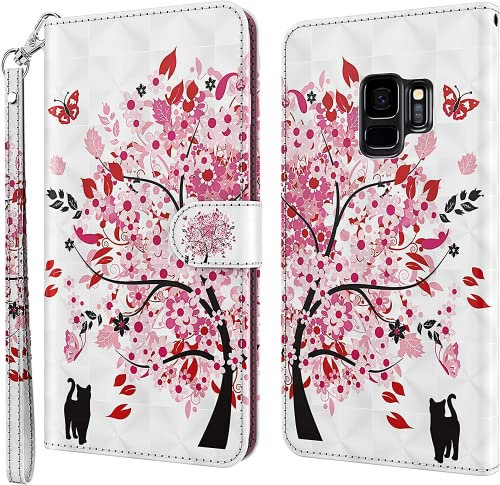 GLANDOTU Case for Samsung Galaxy S9 (NOT for S9 Plus +),Flip Wallet PU Leather Cover with Magnetic Button, Standing Function Full-Body Protective for Samsung S9 Phone Cases -Tree Cat