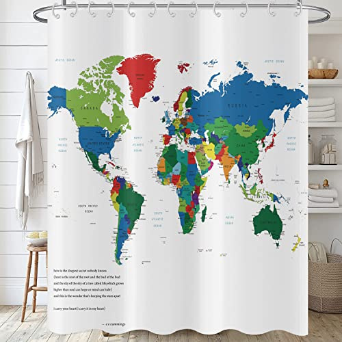 Hnmdmyi Duschvorhang Weltkarte 180x200, Geographie Länder Hauptstädte Bunte Duschvorhänge Bildende Kinder Badewanne Vorhang Wasserdicht Polyester Stoff Waschbar Badevorhang für Badezimmer mit Haken
