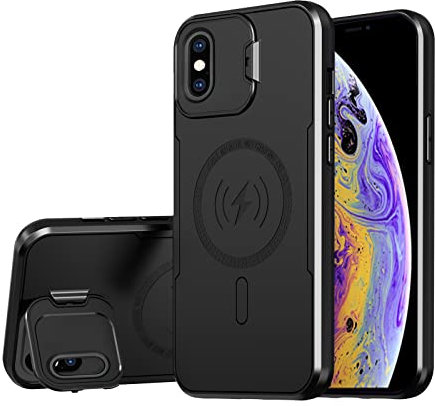 S. Dawezo Magnetische Hülle für iPhone XS Max mit Magsafe, integrierter Kamera Ringständer Handyhülle, Stoßfest Panzerhülle Militär Robust Duty Standfunktion Handyhülle für iPhone XS Max -Schwarz