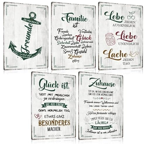 ZDFDC 5er Blechschilder Set Retro Sprüche - ZUHAUSE FAMILIE GLÜCK FREUNDE LEBEN - Vintage Metall-schilder mit Sprüchen - Wanddeko Geschenk für Einzug Richtfest Einzugsgeschenke Haus - DIN A4 (SET A)