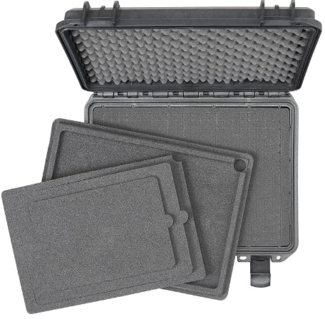 TOMcase wasserdichter Outdoor Koffer Tablet/iPad, Notebook/Laptop und Zubehör; bruchfester Hartschalenkoffer mit Raster-/Würfelschaumstoff & 3in1 Laptop-Auflage für 11“, 13“ und 15“, schwarz S