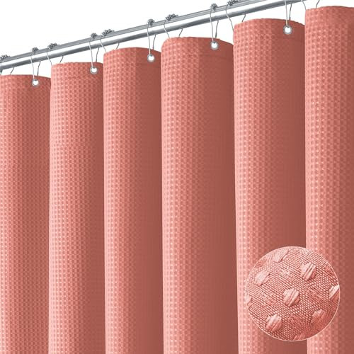 Dynamene Rideau de douche en tissu corail – Rideau de douche à armure gaufrée texturée et résistante pour salle de bain de 256 g/m² avec 12 crochets, 183 x 183 cm, corail
