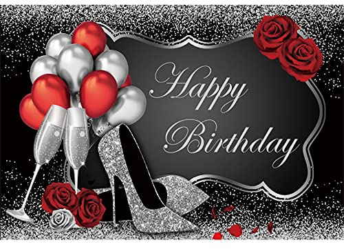 Ttincceer 220x150cm Joyeux Anniversaire Toile de Fond Argent Talons étincelants Champagne Rouge Rose Photographie Fond pour Fille Dames Femmes fête d'anniversaire décoration bannière