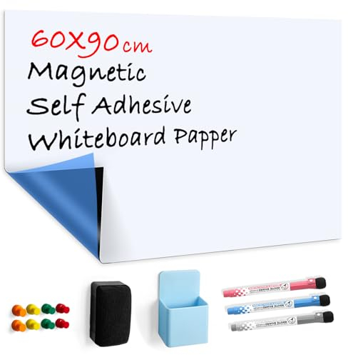 CUHIOY Whiteboard Folie, Selbstklebend Weißwandtafel, Magnetisches Whiteboard, Trocken Abwischbar, Rückstandslos Entfernbar, Für Klassenzimmer Büro Küche, Mit Marker, Radiergummi, Magnet, 60x90cm