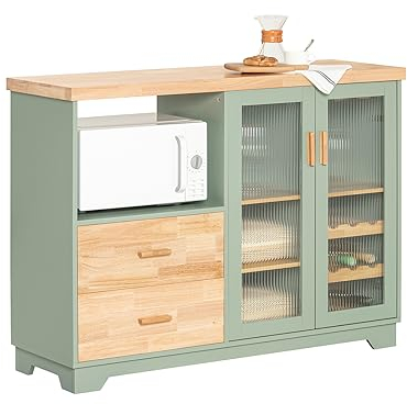 SoBuy Küchenschrank Buffet Kommode mit Glastüren & Schubladen Sideboard mit 120 cm Arbeitsplatte, Mikrowellenfach & Weinregal Küchenmöbel für Wohnzimmer & Esszimmer Grün 120x90x40cm FSB81-GR