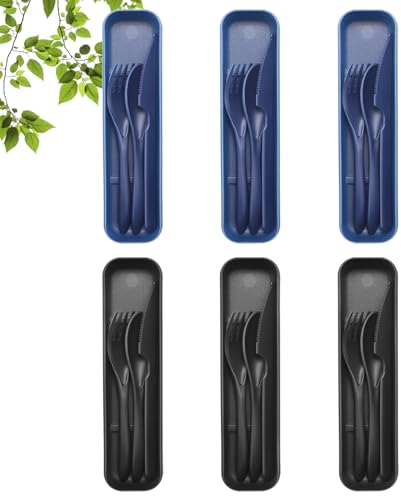 BEWOS Knife Fork & Spoon 6 Sätze, Tragbare Reisebesteck, Camping Besteck mit Etui, Wiederverwendbares plastik Messer Löffel Gabel Set, Spülmaschinenfest(Dunkelblau und Schwarz)