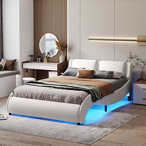 Becag Polsterbett 140x200 cm Doppelbett mit LED-Lichtbettgestell, Bett mit Holz Lattenrost, Jugendbett Kinderbett Rückenlehne Bett, Ohne Matratze, Kunstleder (Weiß)