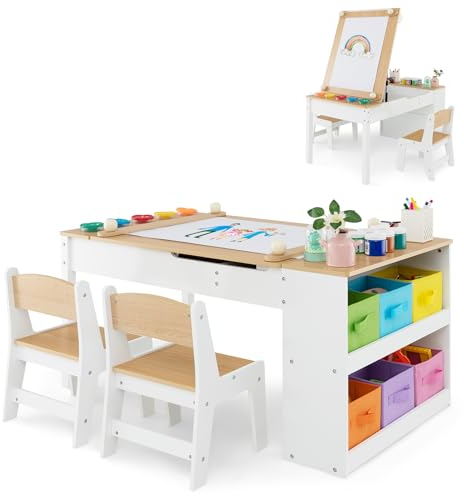 GOPLUS Table Enfant avec Chaises d'Activités, Plateau Relevable, 6 Bacs de Rangement, 5 Pots à Peinture, 1 Rouleau de Papier, d'Art pour Dessiner, Bureau 3+ Ans, Naturel