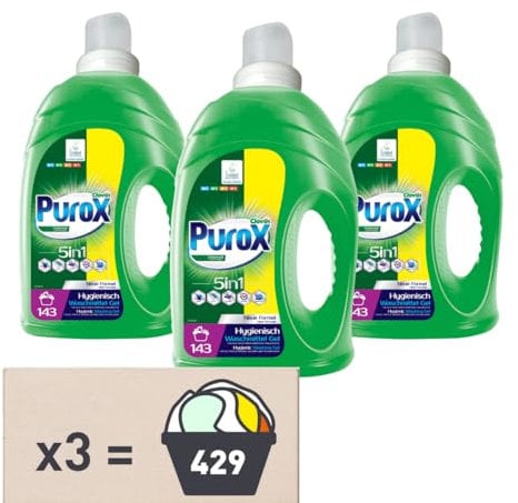 PUROX UNIVERSAL Detersivo Lavatrice Liquido Gel Concentrato (143 Lavaggi x3) – Per tutti i tessuti, rimuove le macchie, risciacquo completo, ecologico, protezione anticalcare, 4,3l, Multipack 3 pezzi