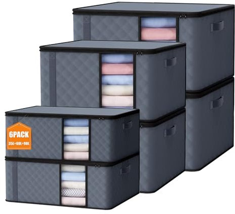 Auveir 6 Stück Aufbewahrungstasche, Aufbewahrungsbox mit Deckel, Große Kleideraufbewahrung Umzugskartons, Faltbare Aufbewahrung Boxen für Bettdecken Decken Kleidung Unterbett Kleiderschrank, 3 Größe