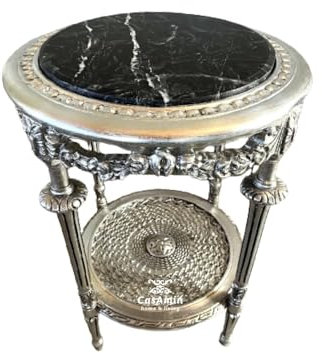 CasAmin Home & Living Runder Silber Beistelltisch aus Holz im Retro Antik Barock Stil, Handgefertigt mit Marmorplatte, Couchtisch, Teetisch als Wohndekoration