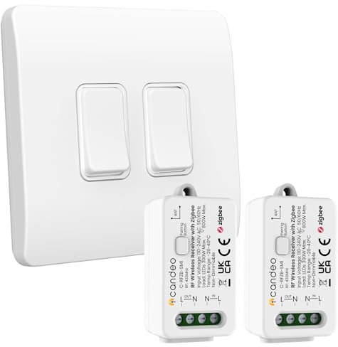 Cando Wireless Kinetic Dual Light Switch (2-Gang) & 2 x Zigbee Compatible RF Receiver Modules Kit | No Wiring or Batteries for switch | Easy Installation & Eco-Friendly Modular Lighting Control