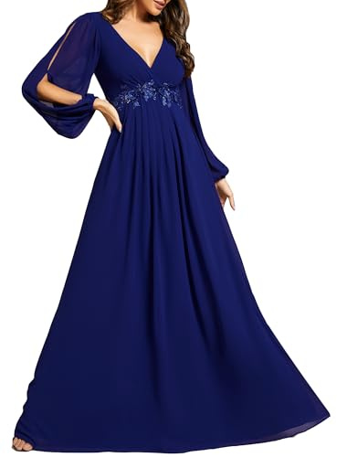 Ever-Pretty Damen Stilvolle Chiffon V-Ausschnitt Applique Plus Size Abendkleider mit Langen Laternenärmeln 00461