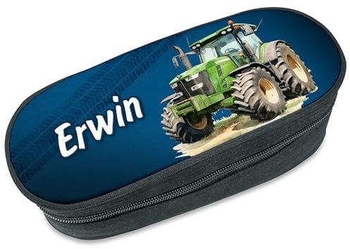 Unikatolo Federmäppchen Traktor mit Name personalisiert, Federtasche in dunkelblau für Jungs und Mädchen, Stiftebox Geschenkidee Schulanfang, Schule, Kinder, Schlamppermappe Schlamppermäppchen