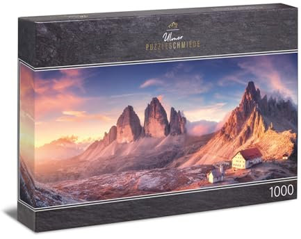 Ulmer Puzzleschmiede - Panorama-Puzzle 1000 Teile „Abendhimmel“ - Traumhaftes Alpen-Puzzlemotiv vom Sonnenuntergang an den DREI Zinnen in den Dolomiten