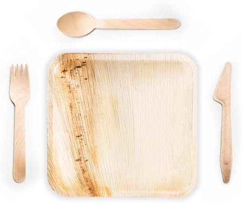Canape King 250 pcs Disposable Palm Leaf Plates and Cutlery Set - 50x Square Plates, Forks, Knives, Spoons, Napkins - Eco-Friendly Wedding Party Picnic Biodegradable Dinnerware Bundle