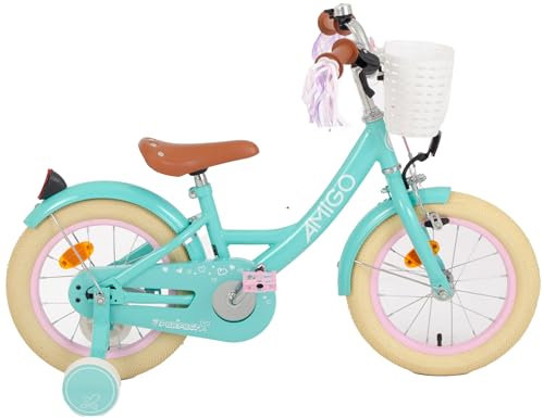AMIGO Perfect - Kinderfahrrad Mädchen - 14 Zoll - Mit Rucktrittbremse und V-Brake und Stützräder - ab 3-5 Jahr - Türkis