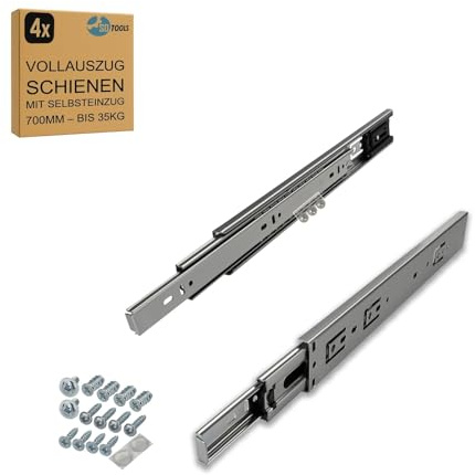SOTOOLS 2 Paar Vollauszug Schubladenschienen 700 mm, max. 35 kg, verzinkt | Kugelvollauszug, 45 mm hoch, 12,7 mm breit, mit Selbsteinzug und Entriegelung, für Möbel und Werkstatt.