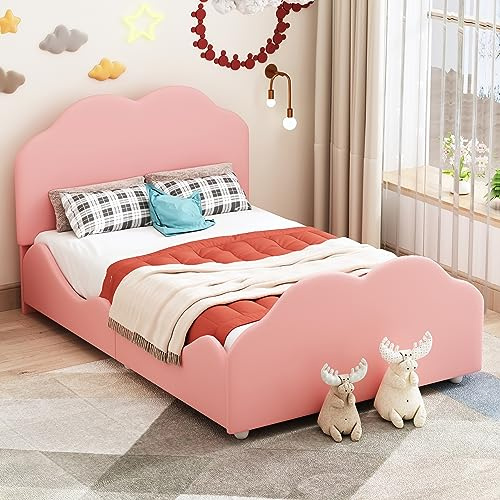 Doyisy Polsterbett Kinderbett 90 x 200 cm hohes Geländer-Kinderbettgestell mit wolkenförmigem Kopf- und Fußteil. Einzelbett in hautfreundlichem Samt (Rosa)