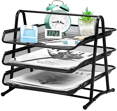 HIHOBDAY 3 Tier Sliding Paper Organiser Mesh Letter Tray Metal Magazine File Desk Storage For Office School Home, Black