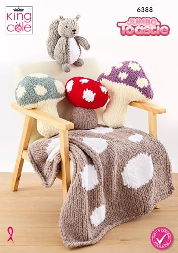 King Cole 6388 Knitting Pattern Jumbo Toastie Toadstool Cushions Door Stop Blanket & Squirrel