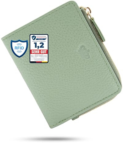 Baur – Damen Geldbörse klein aus Leder (Gold Reißverschluss, Salbei-Grün) | Kleines Portemonnaie, RFID-Schutz, 7 Kartenfächer, Druckknopfverschluss, Münzfach mit Reißverschluss, geprägtes Rindsleder