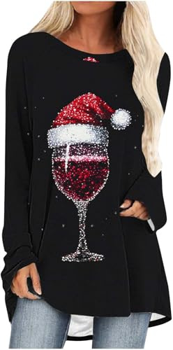 Damen Weihnachten Sweatshirt Langarmshirt Weihnachtspullover mit Komisch Gedruckt Lang Weihnachtsshirt Weinglas Print Pullover Ugly Christmas Sweater Xmas Outfit Weihnachtsoutfit Teenager Mädchen