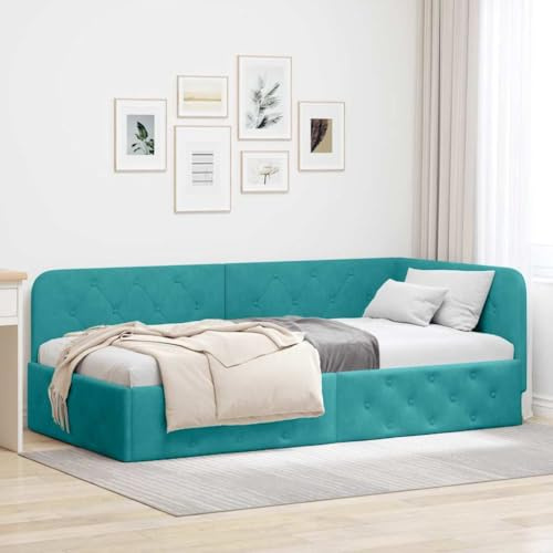 Tonture Eckbettgestell mit Kopfteil Türkis 100x200 cm, Samt Polsterbett L-Design, Plattformbett für Schlafzimmer, Robustes Sperrholz, vielseitig als Sofa nutzbar, 140 kg Tragkraft