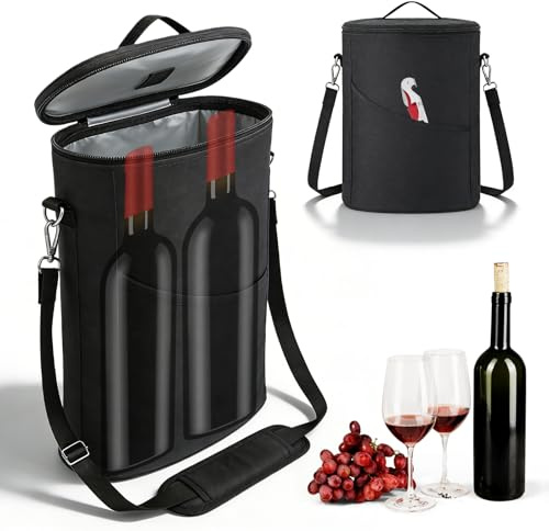 2 Flaschen Weintasche Isoliert Auslaufsicher, 8.5 * 4.5 * 13.5inch Tragbare Weintasche, Wine Tote Bag, Weinkühltasche Für 2 Flaschen Große Kühltasche für Picknick und Outdoor, schwarz
