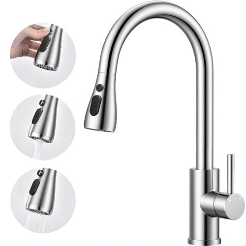AICA Wasserhahn Küche, Küchenarmatur aus Gebürstetem Edelstahl, Ausziehbar Hochdruck 360°Drehbar Mischbatterie mit 3 Strahlarten, Einhand Spültischarmatur mit Hohe Bogenauslauf für Küche