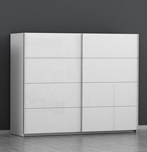 FORTE Starlet Plus Schrank 270, Kleiderschrank, Schwebetürenschrank groß Modern Schlafzimmer 2-türig mit Einlegeböden und Kleiderstange, Weiß/Weiß Hochglanz, 270 cm breit x 210 cm hoch x 61 cm tief