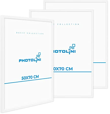 PHOTOLINI Marcos 50x70 cm blanco madera MDF, set de 3 marcos para pósteres, cristal acrílico, para colgar, incluye accesorios - para fotos, láminas y pósteres