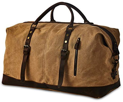 BRASS TACKS Leathercraft Vintage Reisetasche Leder Canvas Weekender Wasserdicht Robust Groß Herren Damen Handgepäck Verstellbar Schultergurt Reißverschluss Metall (Braun)