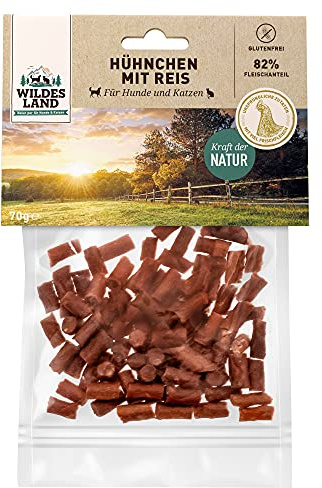 WILDES LAND – Hühnchen mit Reis | Kausnack mit natürlichen Zutaten und extra hohem Fleischanteil für ausgewachsene Katzen. Getreidefreier Hundesnack ohne Zusatzstoffe im Beutel | 70g Huhn