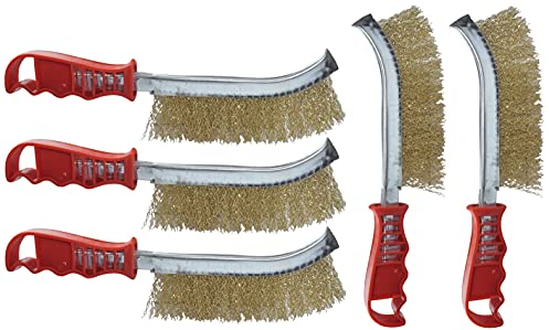 AERZETIX - C50037 - Lot de 5 Brosses métalliques avec fils ondulés - longueur 235mm - grattoir à main convexe avec poignée en plastique - nettoyage/décapage/peinture/rouille - poils d'acier jaunes