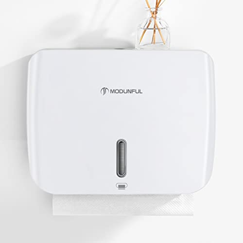 modunful Papierhandtuchspender Wandmontage, Handtuchspender für Papierhandtücher Ohne Bohren, M/V/Z-Fold Papierhandtücher Spender, Papierspender Wasserdicht für Bad Büro Küche, Weiß